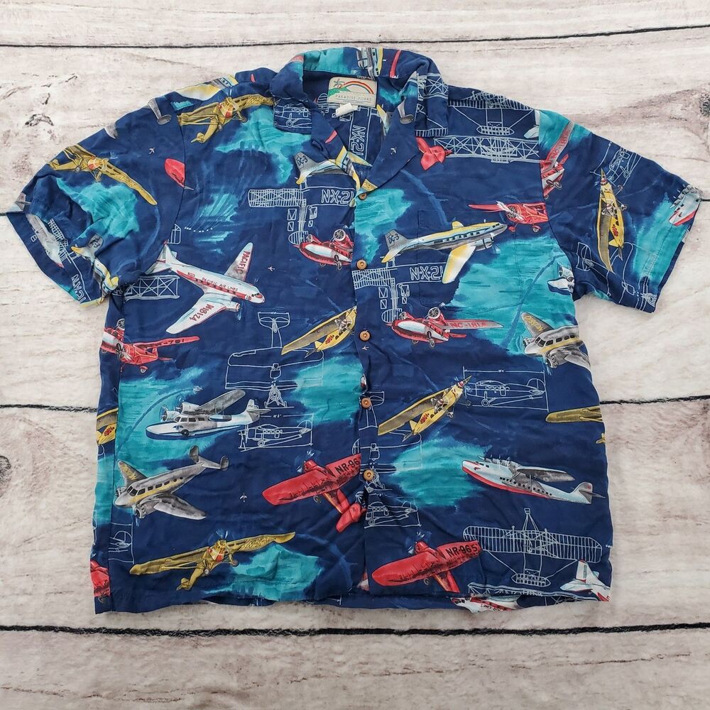 Paradise Found Mens Large Blue Hawaiian Shirt Planes Island Airplanes Button Up
